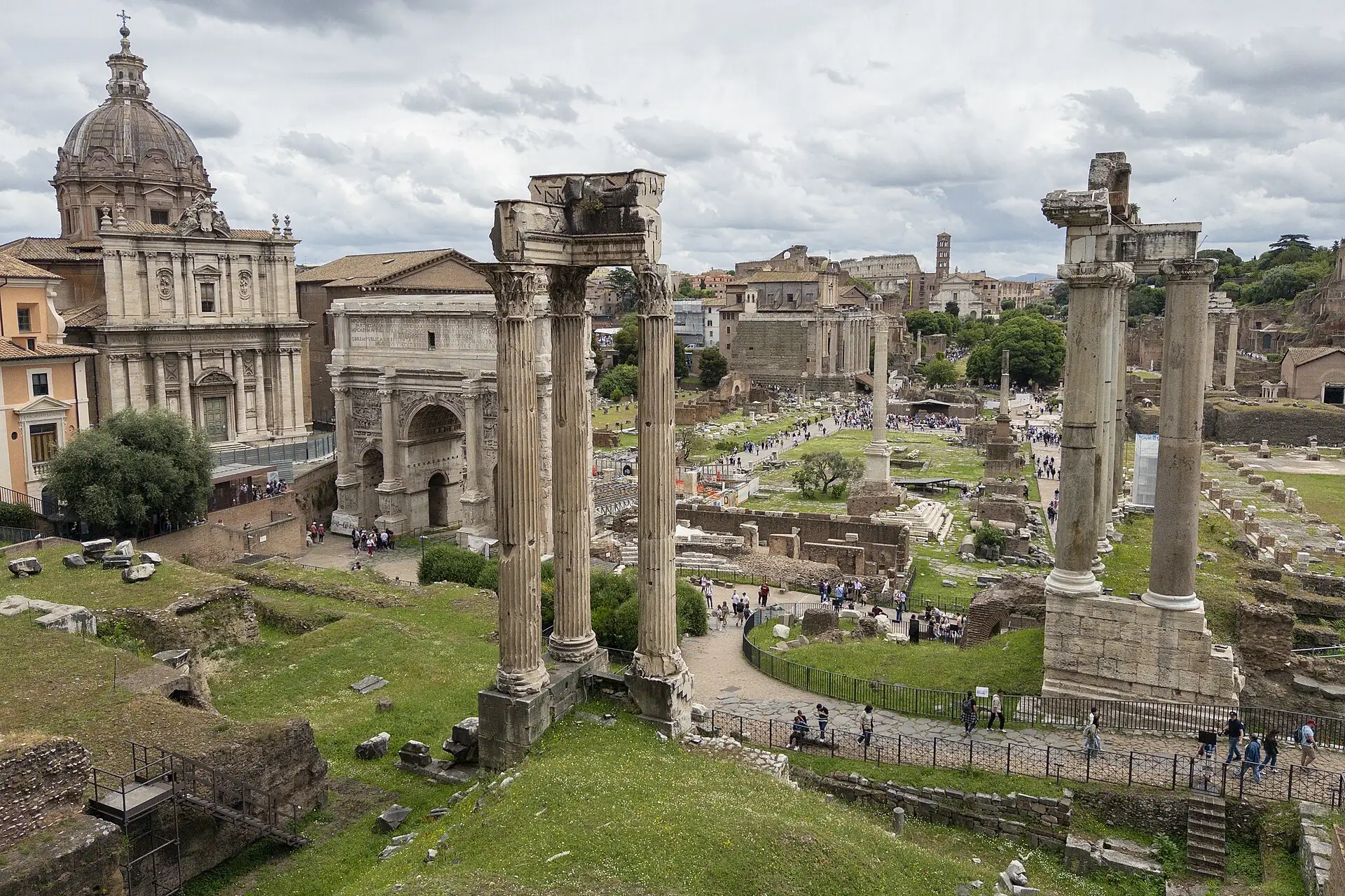 Ruined columns and arches in the Roman Forum
